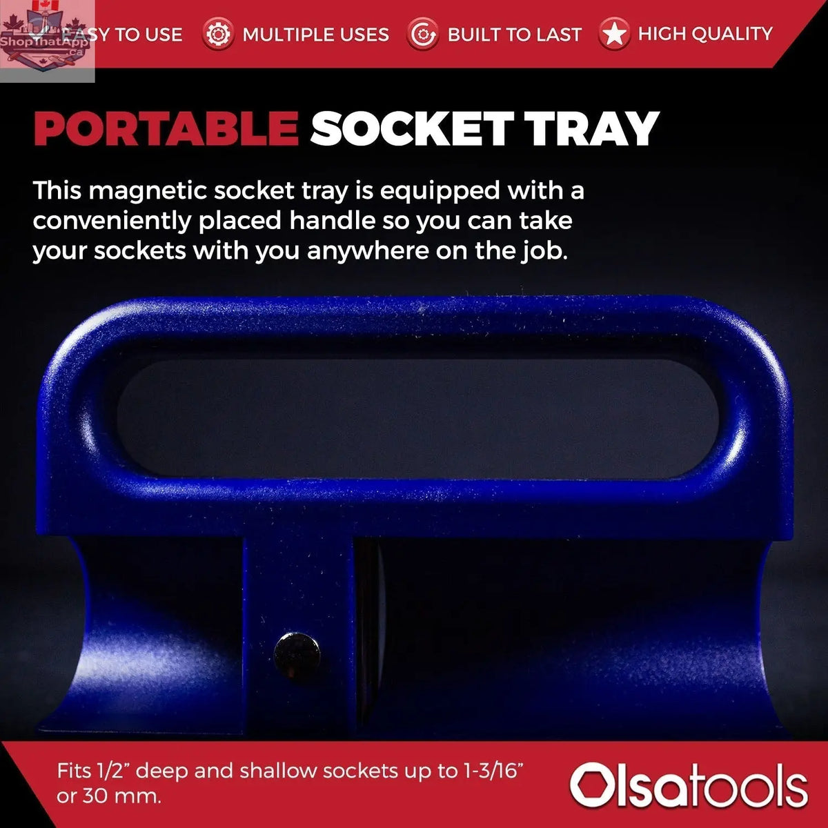 Olsa Tools Canada magnetic socket organizer tray with labeled slots for easy tool management and secure socket storage.