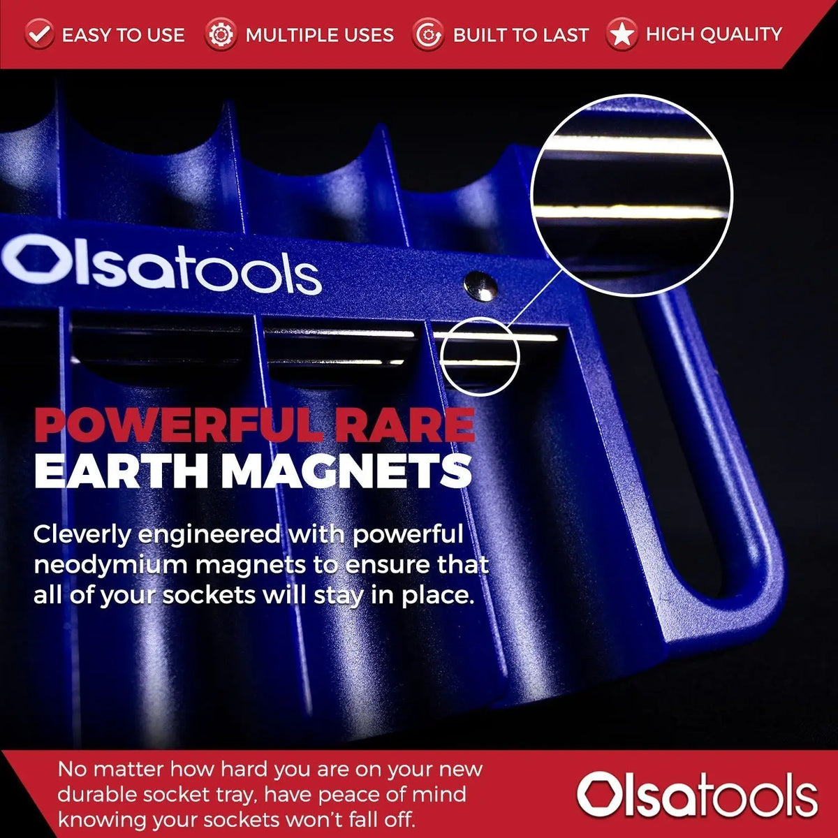 Olsa Tools Canada magnetic socket organizer tray holding various socket sizes for easy tool management and organization.