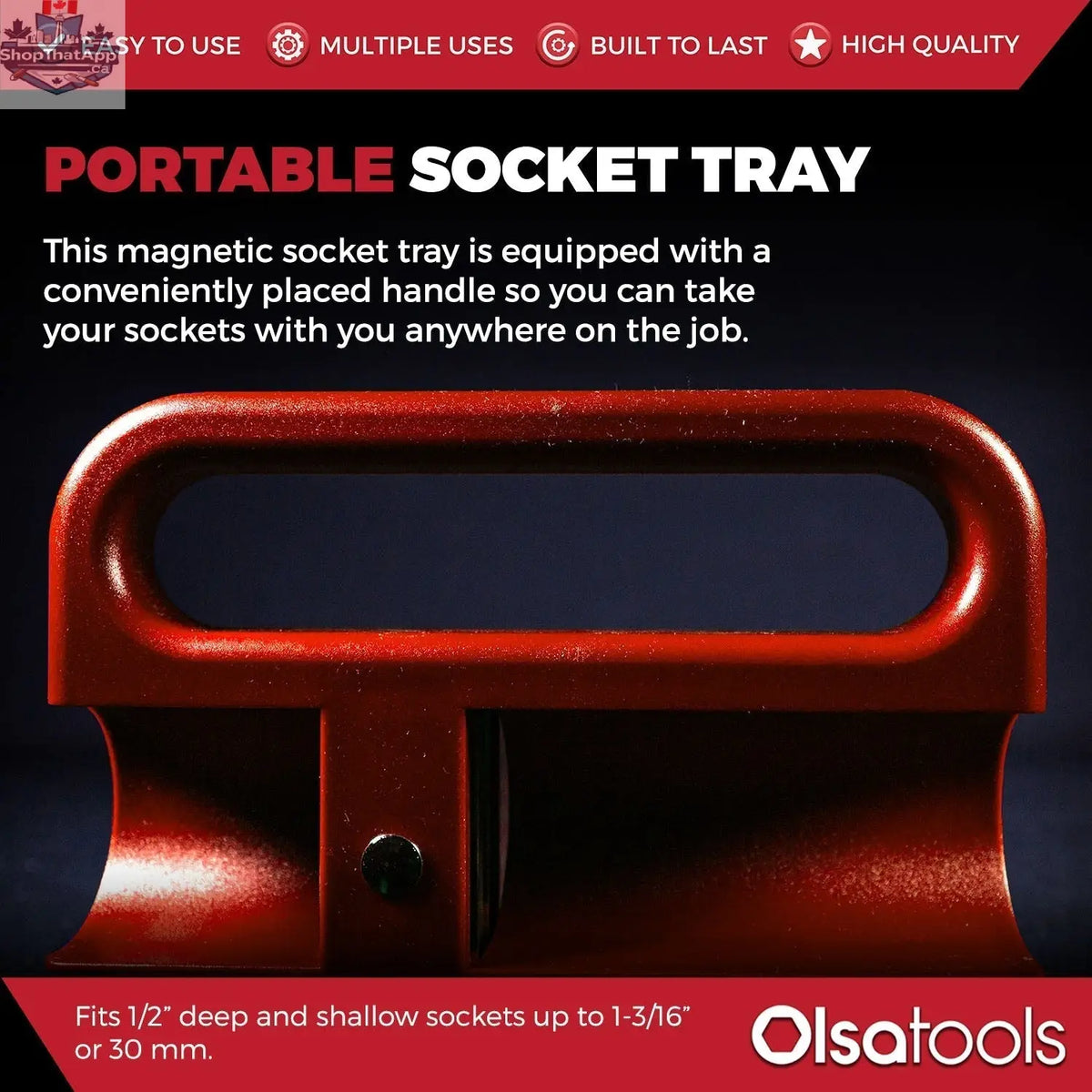 Olsa Tools Canada magnetic socket organizer tray with labeled slots for easy tool management and secure socket storage.