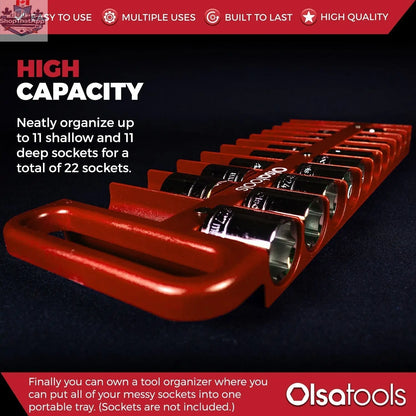 Olsa Tools Canada magnetic socket organizer tray holding various socket sizes for easy tool management and storage.