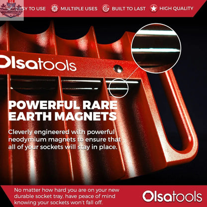 Olsa Tools Canada magnetic socket organizer tray with labeled slots for easy tool management and storage.