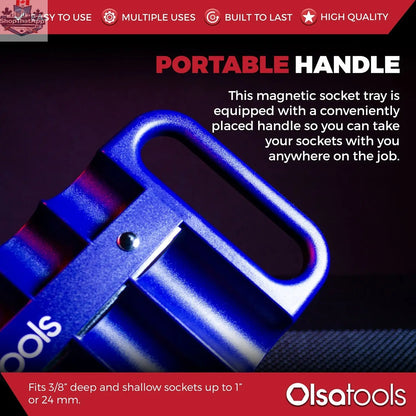 Olsa Tools Canada magnetic socket organizer tray with labeled slots for easy tool management and secure storage of sockets.