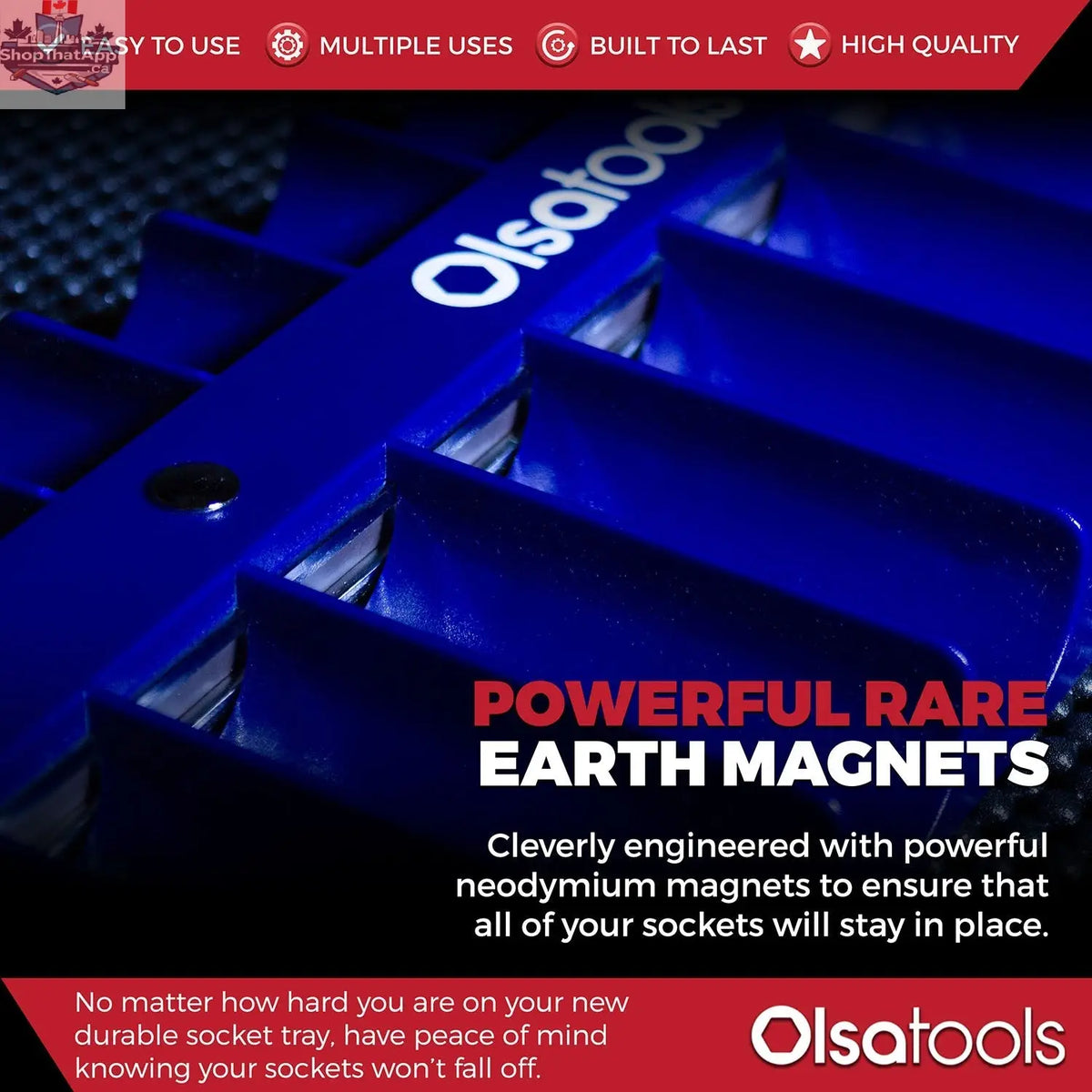 Olsa Tools Canada magnetic socket organizer tray with labeled slots for easy tool management and secure storage of sockets.
