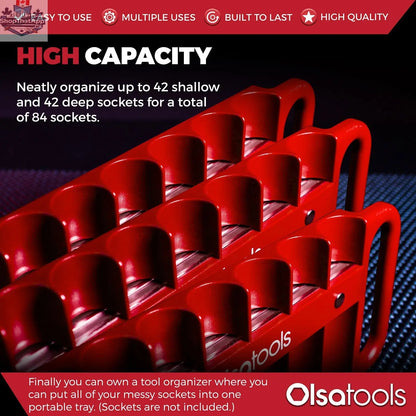 Olsa Tools Canada magnetic socket organizer tray with labeled slots for easy tool management and secure storage of sockets.