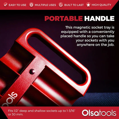 Olsa Tools Canada magnetic socket organizer tray with labeled slots for easy tool management and secure storage.