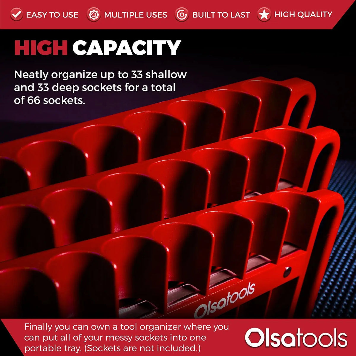 Olsa Tools Canada magnetic socket organizer tray with labeled slots for easy tool management and secure storage of sockets