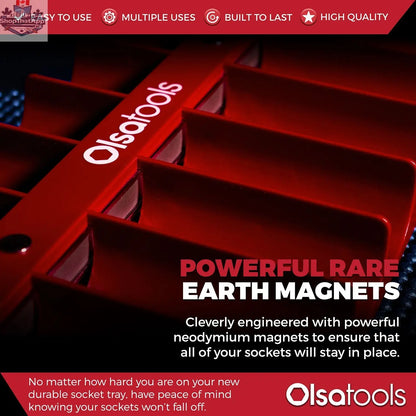 Olsa Tools Canada magnetic socket organizer tray with labeled slots for easy tool management and secure socket storage.