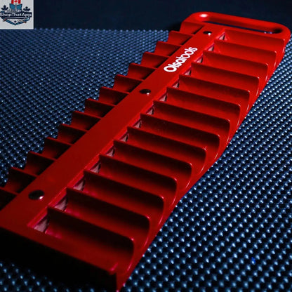 Olsa Tools Canada magnetic socket organizer tray with organized sockets on a workbench for easy tool management