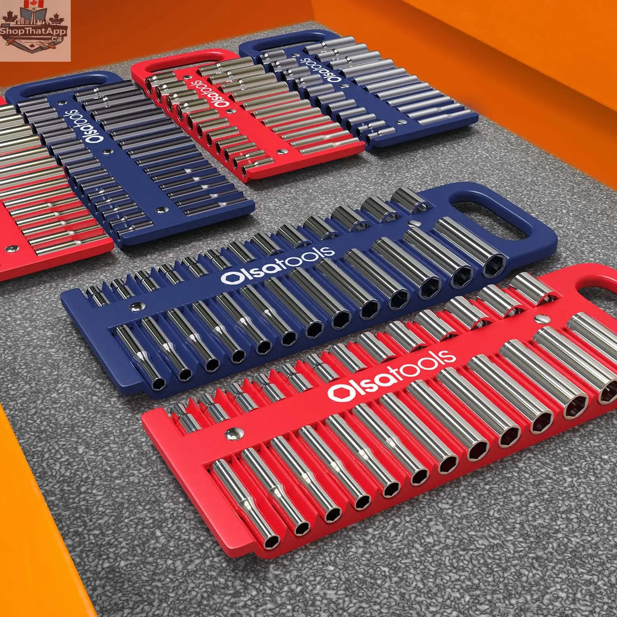 Olsa Tools Canada magnetic socket organizer tray holding various socket sizes for organized tool management.