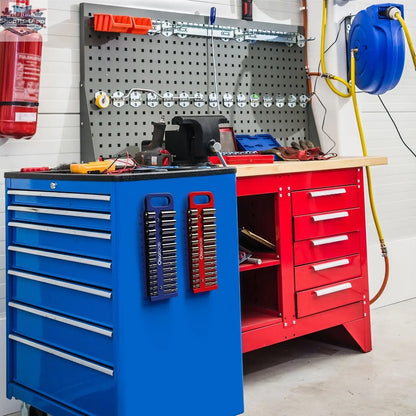 Olsa Tools Canada magnetic socket organizer tray holding various metal sockets for easy tool management in a workshop setting