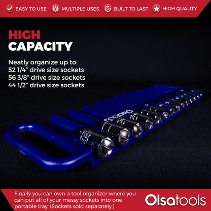 Olsa Tools Canada magnetic socket organizer tray with labeled slots for efficient tool management and easy socket access.