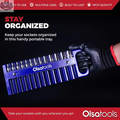 Olsa Tools Canada magnetic socket organizer tray with labeled compartments for easy tool management and secure socket storage.