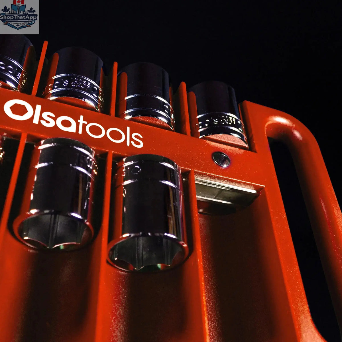 Olsa Tools Canada magnetic socket organizer tray holding various metal sockets for easy tool management and organization.