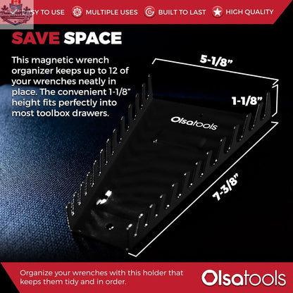 Olsa Tools Canada magnetic wrench organizer with labeled slots for efficient tool storage and easy access