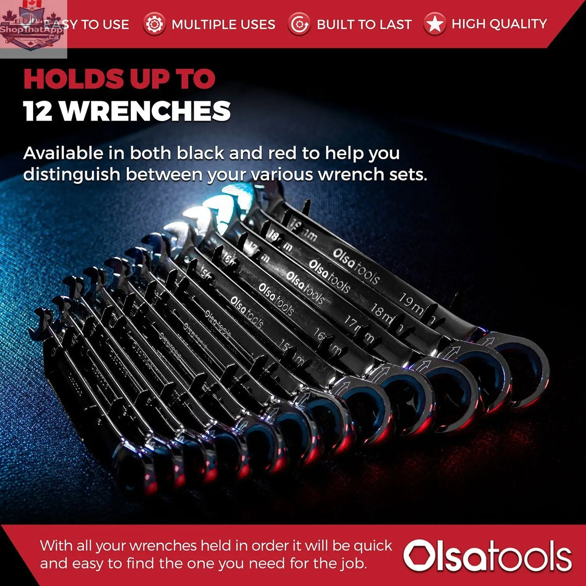 Olsa Tools Canada magnetic wrench organizer for efficient tool storage, featuring multiple slots for easy wrench access.