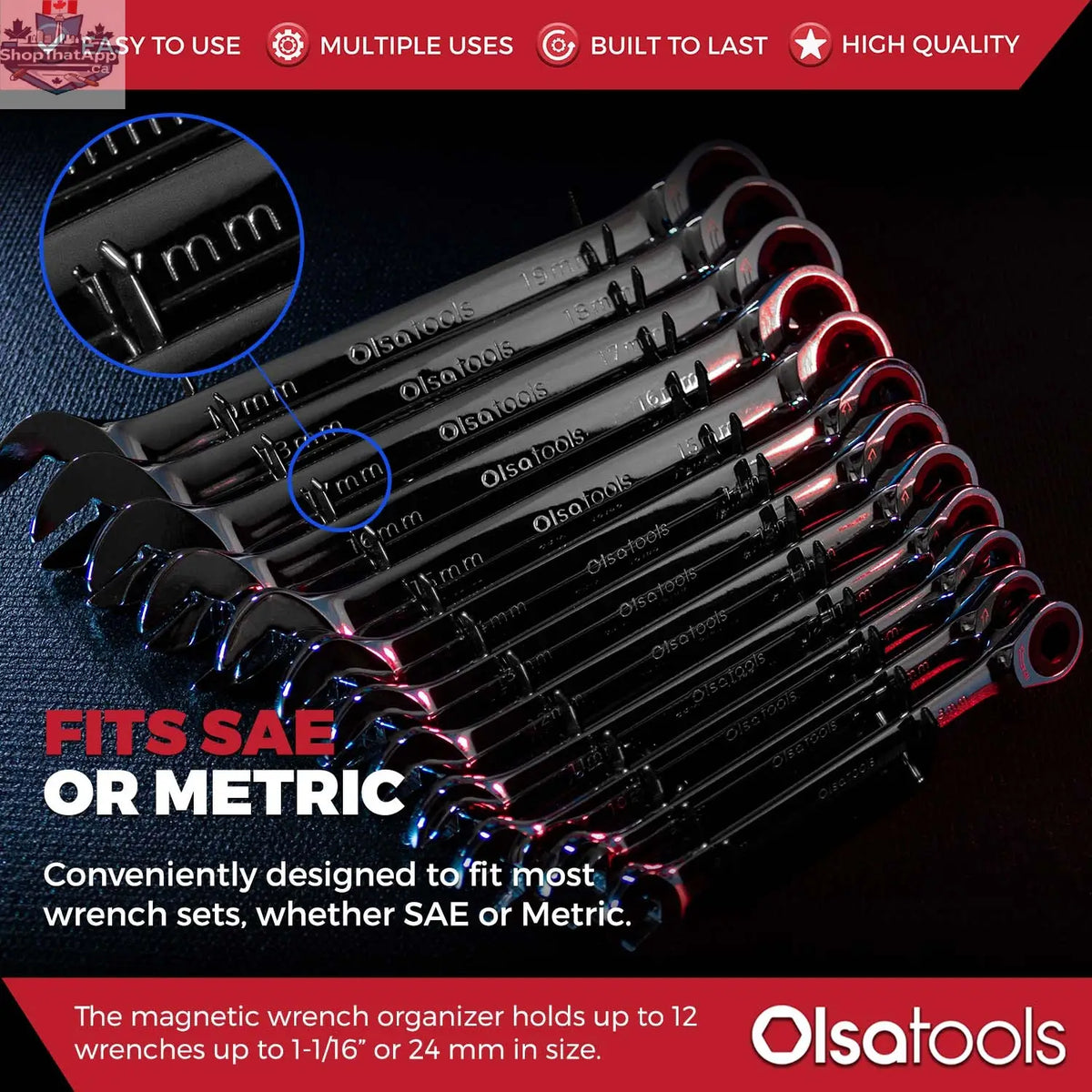 Olsa Tools Canada magnetic wrench organizer with slots for storing and organizing wrenches efficiently in a workshop or garage.