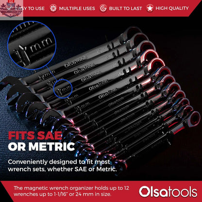 Olsa Tools Canada magnetic wrench organizer with slots for storing and organizing wrenches efficiently in a workshop or garage.