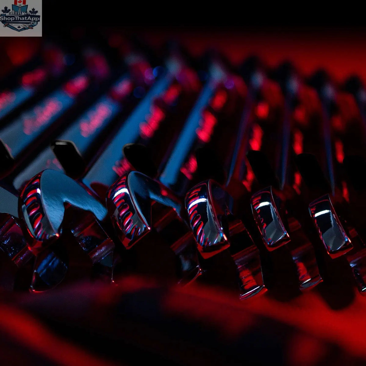 Olsa Tools Canada magnetic wrench organizer holding various wrenches in a tidy, organized garage workspace.