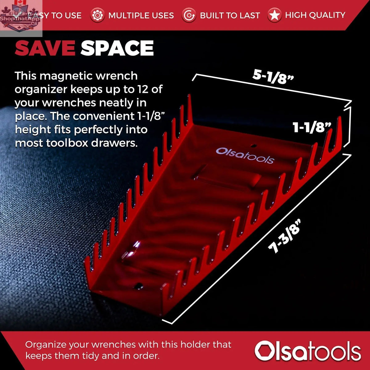 Olsa Tools Canada magnetic wrench organizer with labeled slots for efficient tool storage and easy access.