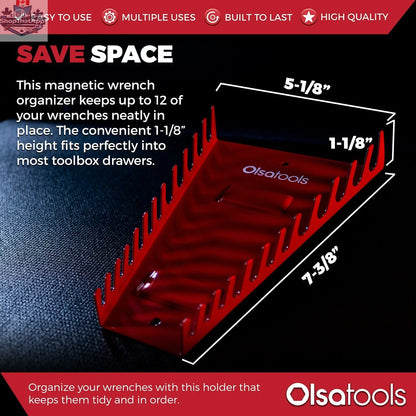 Olsa Tools Canada magnetic wrench organizer with labeled slots for efficient tool storage and easy access.