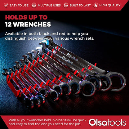 Magnetic wrench organizer by Olsa Tools Canada showing metal tools held securely on a magnetic strip for efficient storage.