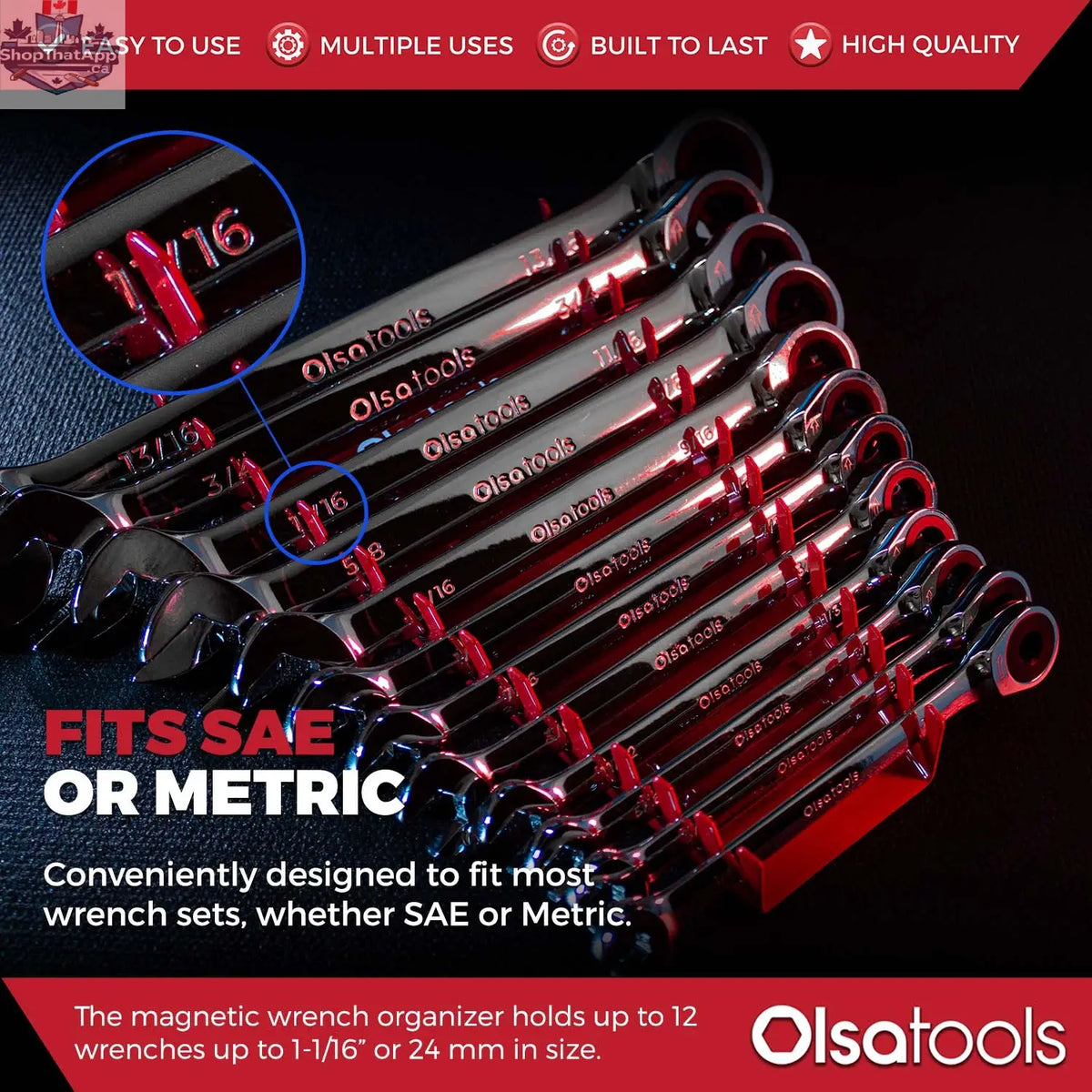 Magnetic wrench organizer by Olsa Tools Canada holding various wrenches for efficient tool storage and organization.