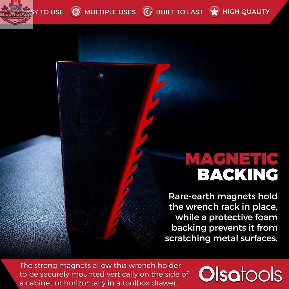 Olsa Tools Canada magnetic wrench organizer displaying multiple wrenches held securely in a sleek tool storage solution.