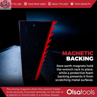 Olsa Tools Canada magnetic wrench organizer displaying multiple wrenches held securely in a sleek tool storage solution.