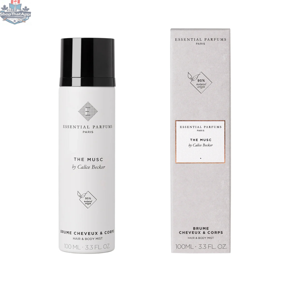 Essential Parfums The Musc Body Mist 100ml lightly fragranced with musky scent, shown in a sleek bottle on a neutral background.