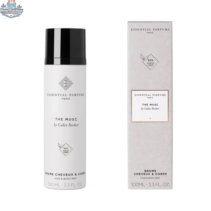 Essential Parfums The Musc Body Mist 100ml lightly fragranced with musky scent, shown in a sleek bottle on a neutral background.