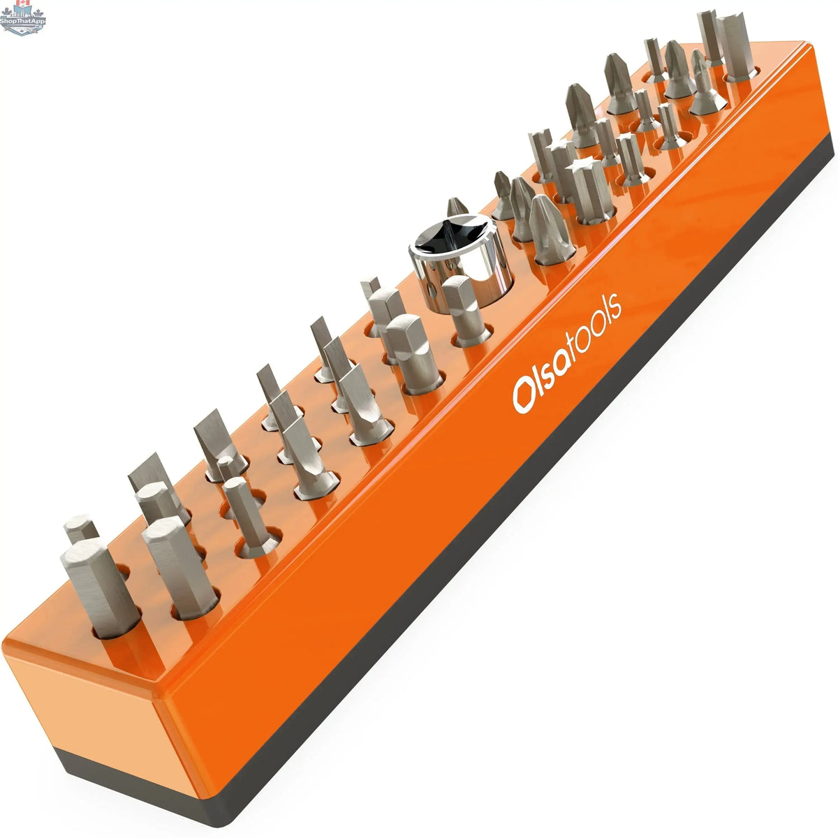 Olsa Tools Canada magnetic hex bit organizer in orange with multiple slots for easy tool management and quick access