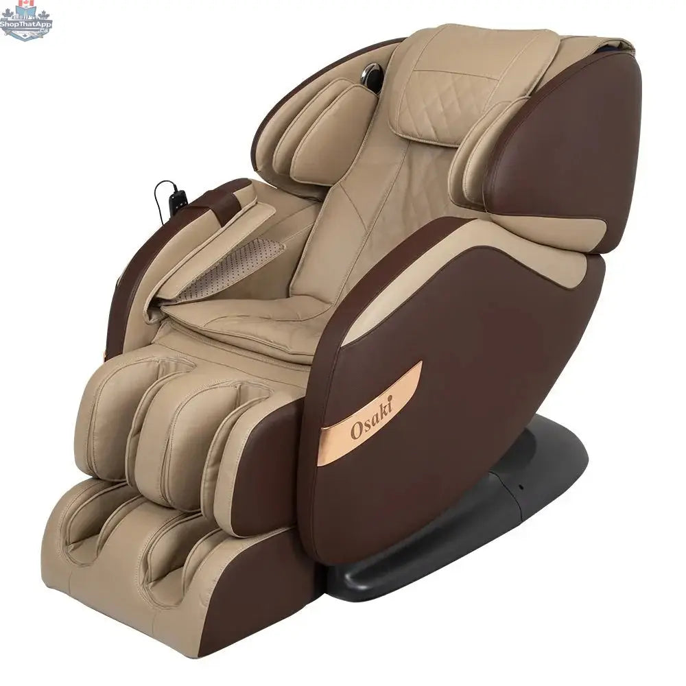Osaki Canada OS Champ massage chair in brown and beige upholstery, showcasing its padded armrests and sleek design.