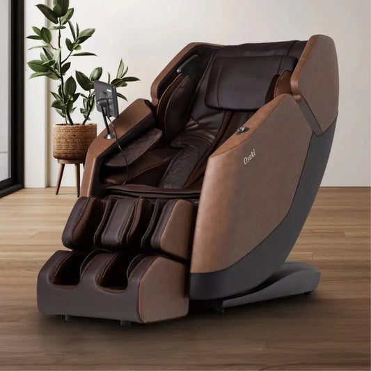 Osaki Ziva massage chair in brown, designed for ultimate relaxation and comfort, featuring ergonomic padding and control panel.
