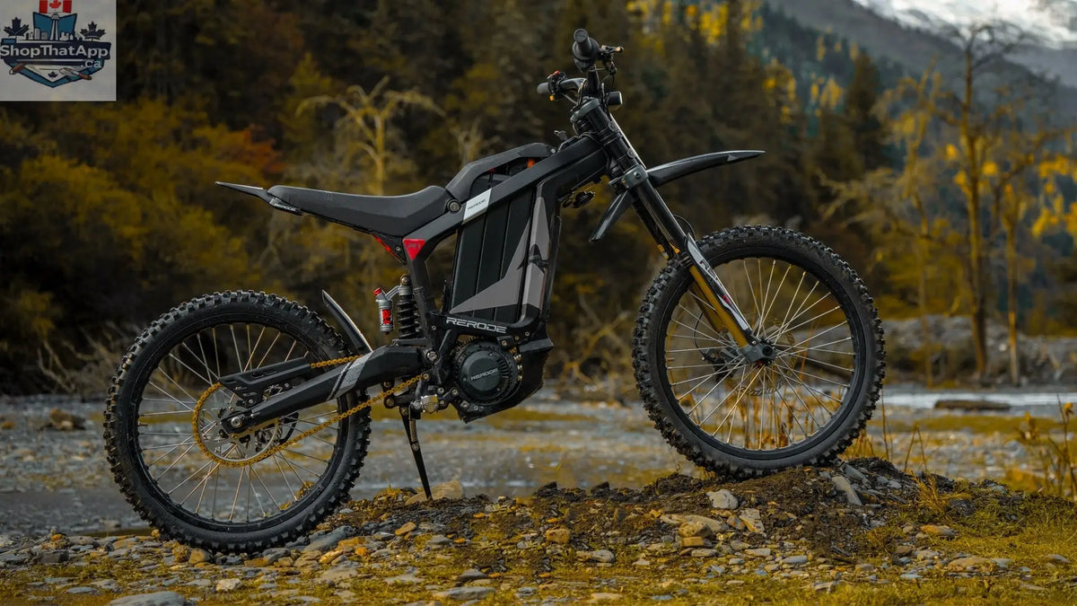 E-Vélo EUNORAU Quebec EKIDS16 1.0 R1 e-dirt bike outdoors, showing colorful children's electric dirt bike in a natural setting