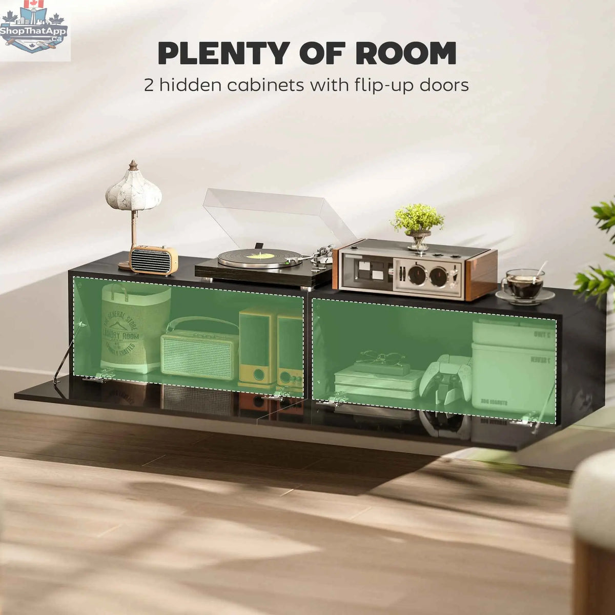 SLOTH Nation Hunter black floating TV stand with storage cupboards for 65-inch TVs, modern home living room furniture.