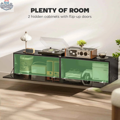 SLOTH Nation Hunter black floating TV stand with storage cupboards for 65-inch TVs, modern home living room furniture.