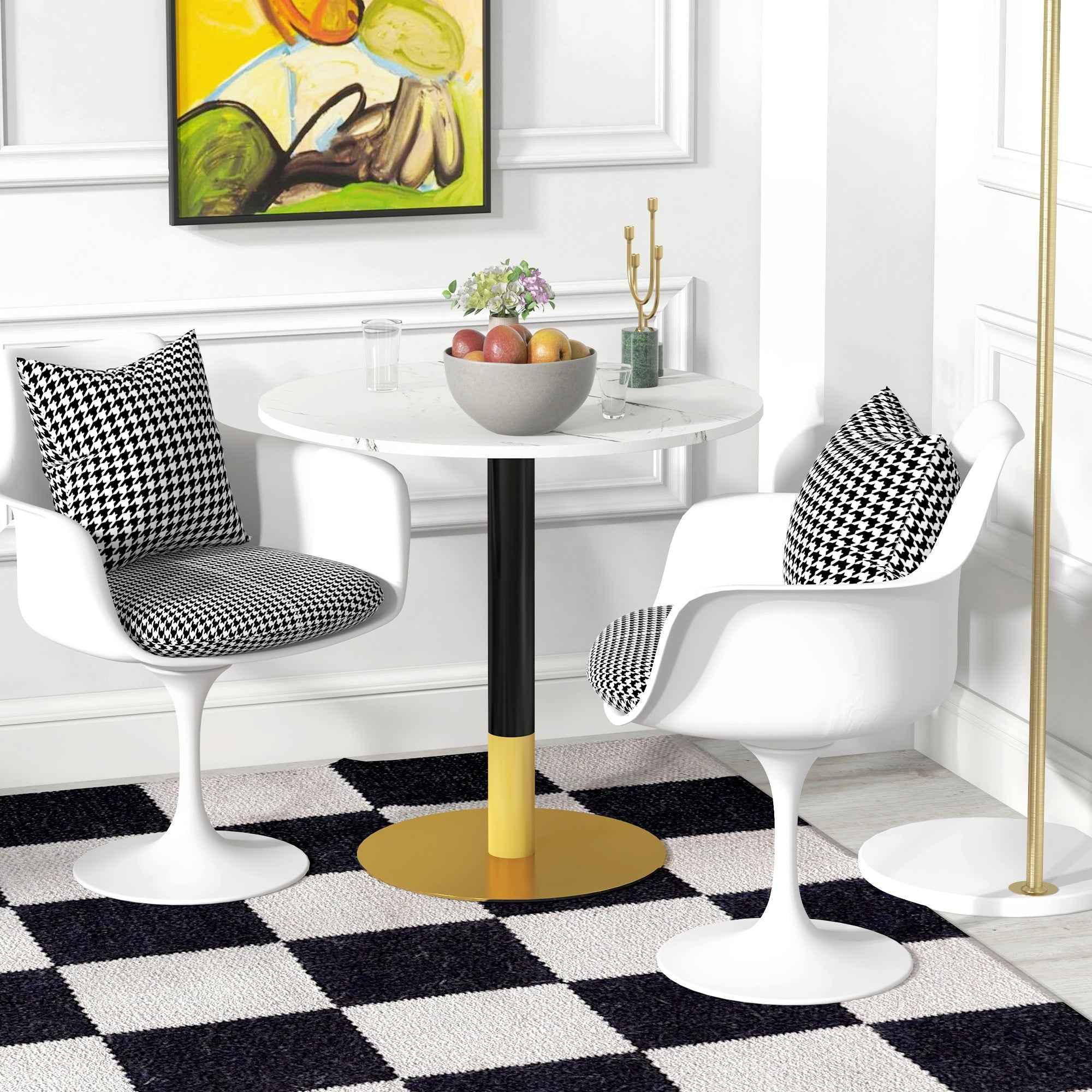 Rene Round Modern Dining Table with Faux Marble Top for Small Spaces-White