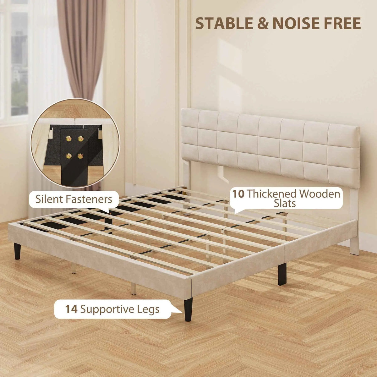 Cream white upholstered king size bed frame with a tufted headboard from SLOTH Nation bedroom furniture collection.