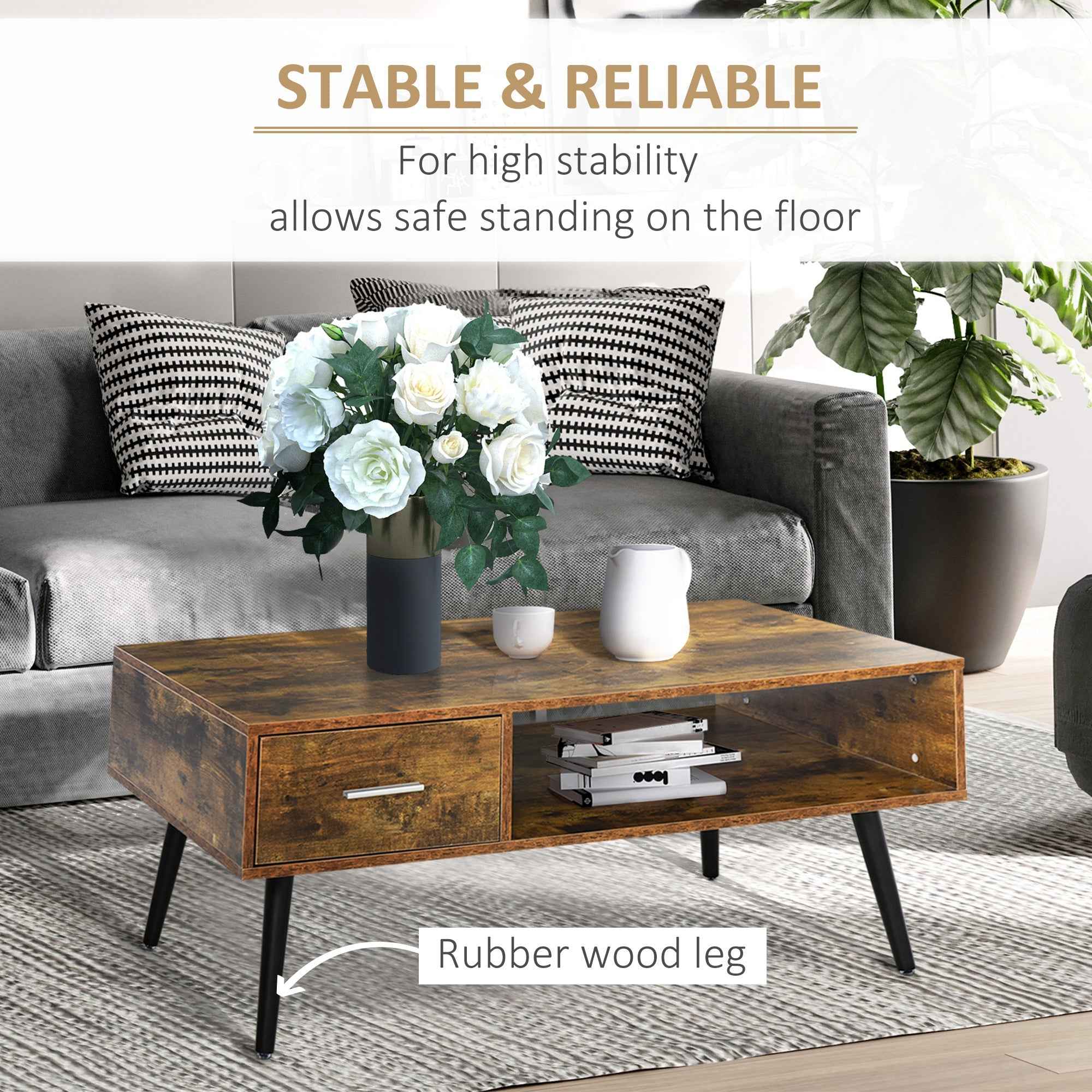 Omari Retro Coffee Table with Storage Shelf and Drawer-Rustic Brown