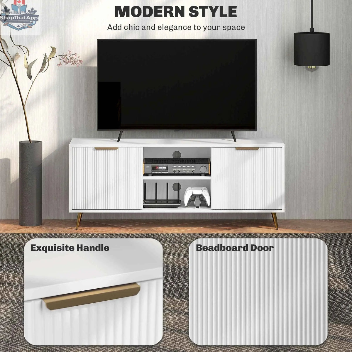 White Collins modern TV stand by SLOTH Nation for 55-inch TVs, with open shelving and sleek design for living room furniture.