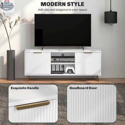 White Collins modern TV stand by SLOTH Nation for 55-inch TVs, with open shelving and sleek design for living room furniture.