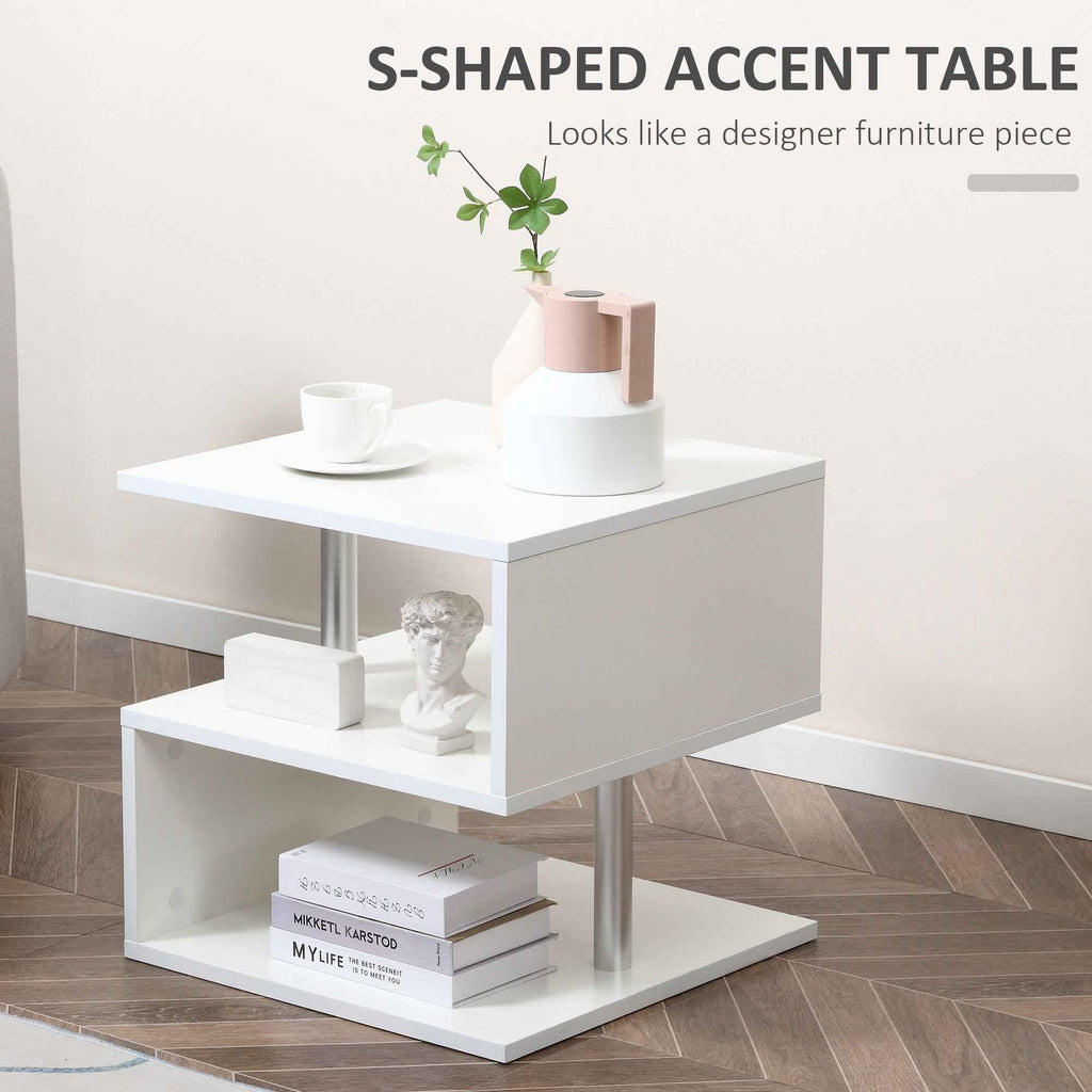 Caelan Wooden S Shape End Table with 3 Tier Storage Shelves-White