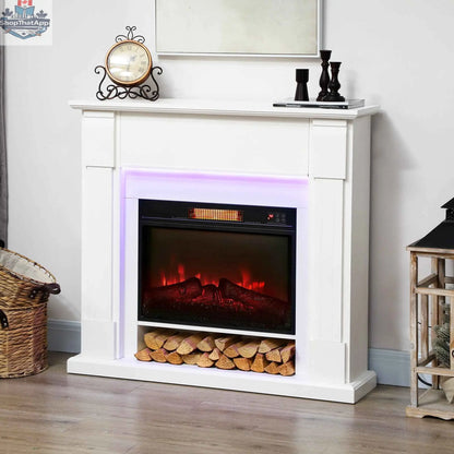 White Aubrey electric fireplace with mantel and adjustable 3D flame effect, SLOTH Nation home décor fireplace display