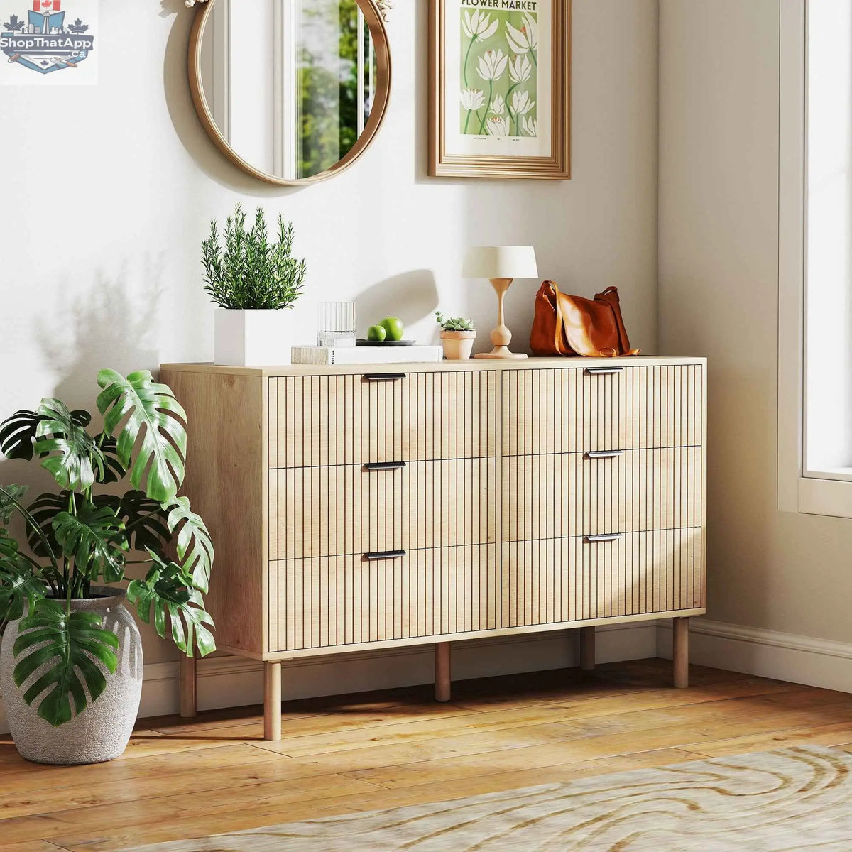 SLOTH Nation Jesse 6-drawer oak dresser with fluted panel design, modern bedroom furniture with sleek storage.