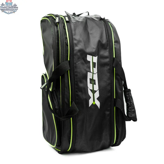 Black and lime green fabric racket bag with PDX printed on the side, featuring multiple zippers and carry handles.