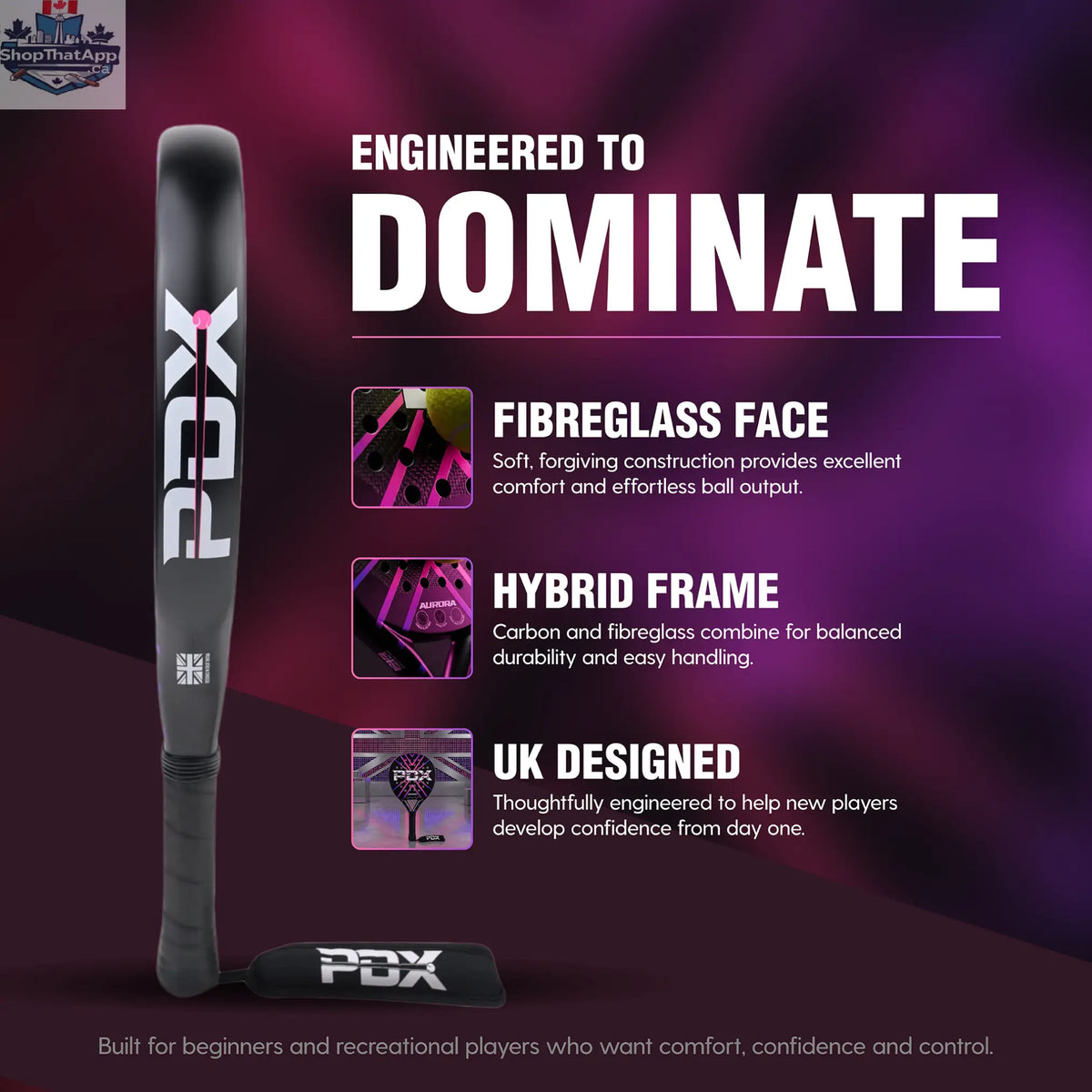 PDX Aurora Beginner Padel Racket | Complimentary Racket Carrier Bag | 30% Carbon 70% Fibreglass | 355g Round | Control - Shopthatapp.ca