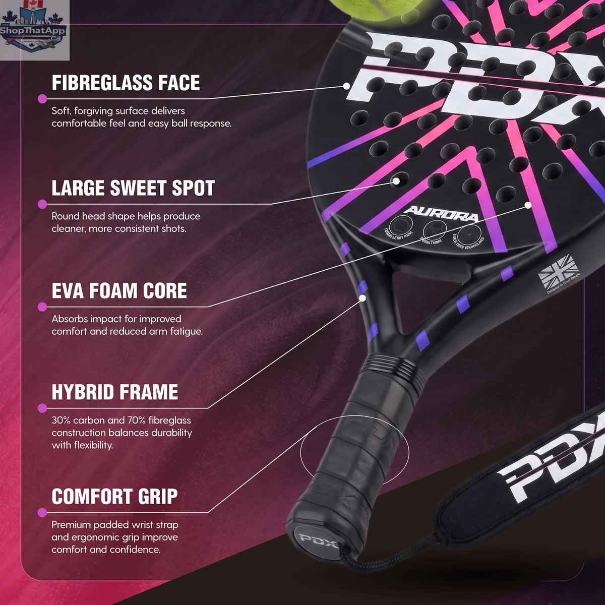 PDX Aurora Beginner Padel Racket | Complimentary Racket Carrier Bag | 30% Carbon 70% Fibreglass | 355g Round | Control - Shopthatapp.ca
