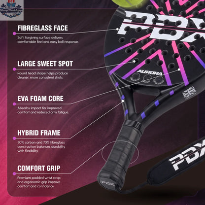 PDX Aurora Beginner Padel Racket | Complimentary Racket Carrier Bag | 30% Carbon 70% Fibreglass | 355g Round | Control - Shopthatapp.ca