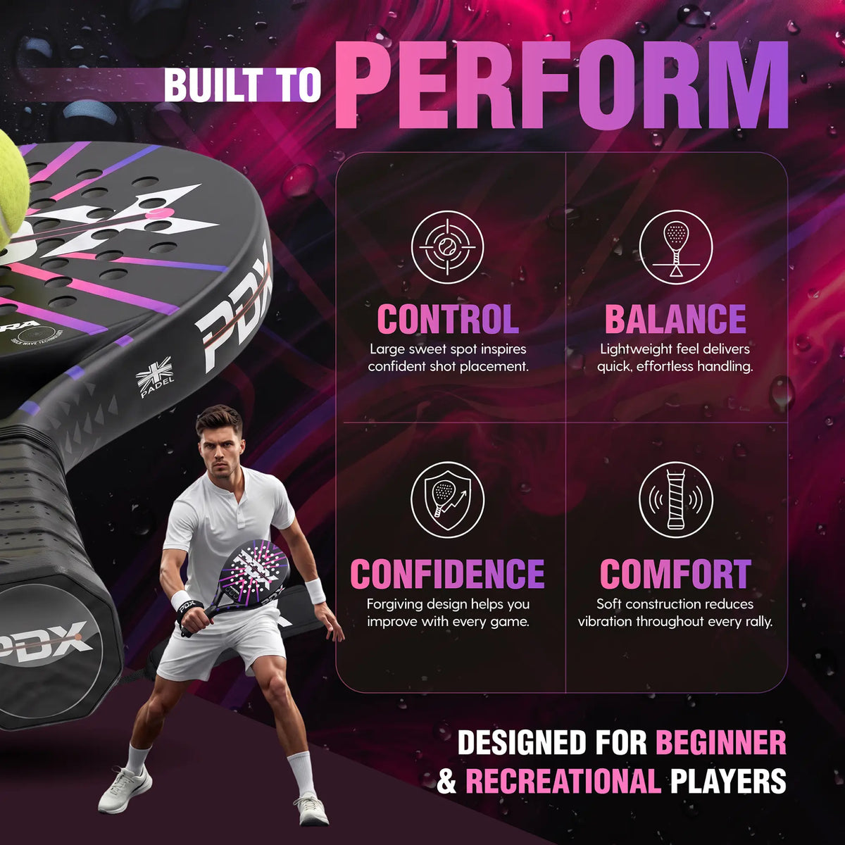 PDX Aurora Beginner Padel Racket | Complimentary Racket Carrier Bag | 30% Carbon 70% Fibreglass | 355g Round | Control - Shopthatapp.ca