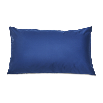 Navy blue organic percale pillowcase from Skylark+Owl Canada, showcasing smooth, breathable fabric for luxurious sleep.